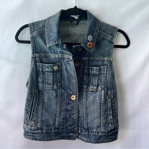 Express Denim Vest with Floral Pin Accents